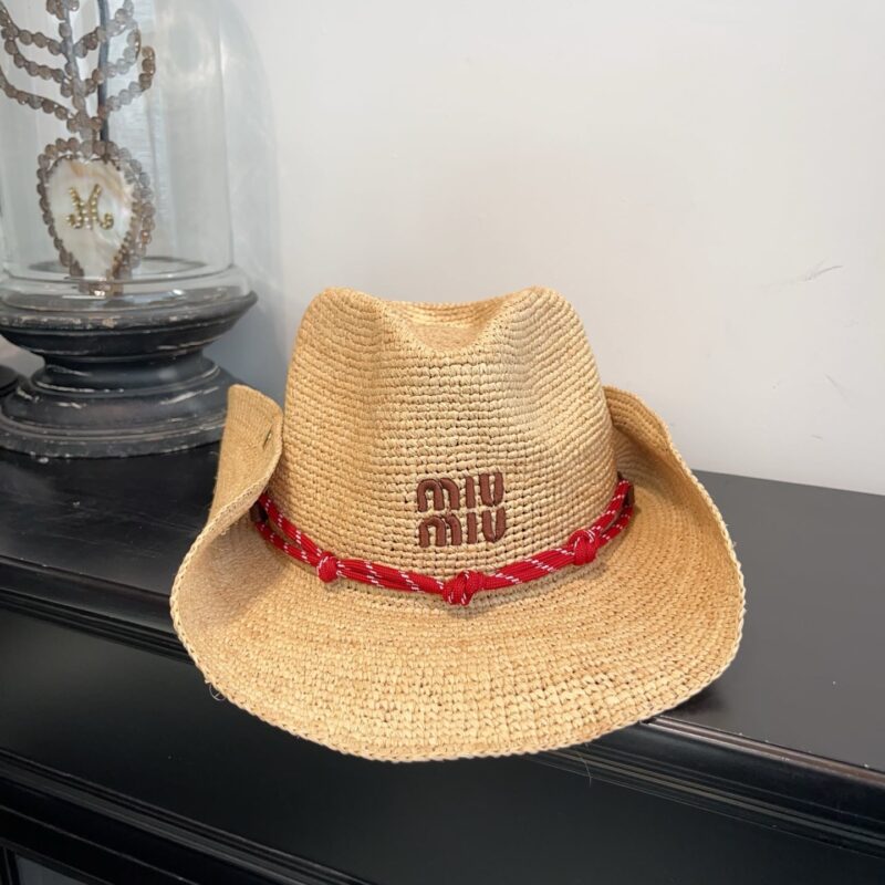 Alternative view of MIUMIU RAFFIA HAT BEIGE AND BURGUNDY 5HC335 2CWE F0Y59