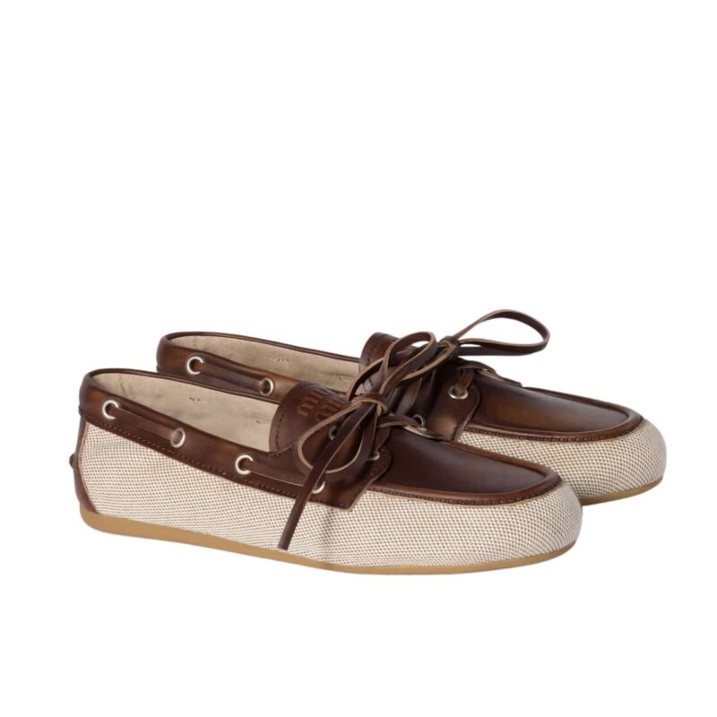 MIUMIU CANVAS AND BLEACHED LEATHER BOAT SHOES BEIGE 5D376E 3LQM F0J51 F 005