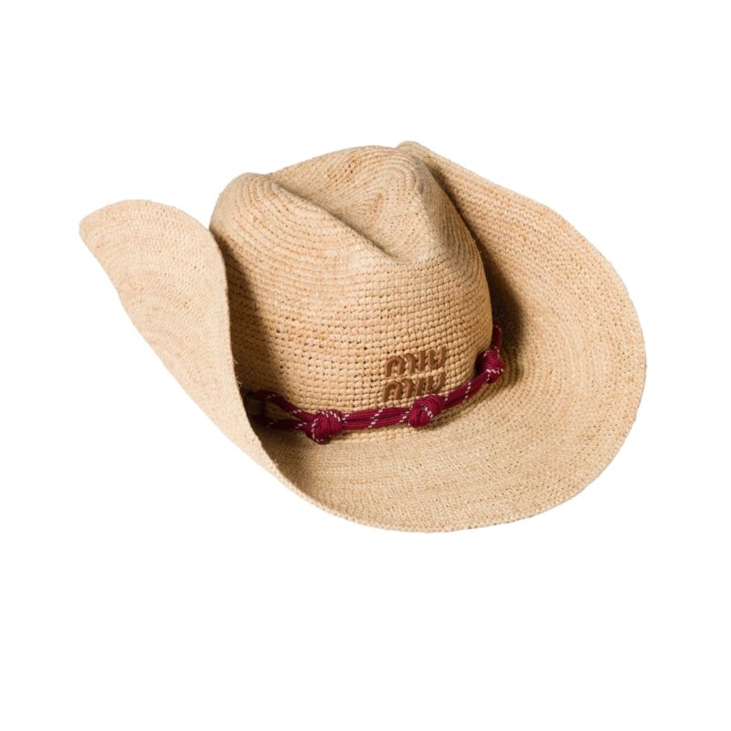 MIUMIU RAFFIA HAT BEIGE AND BURGUNDY 5HC335 2CWE F0Y59
