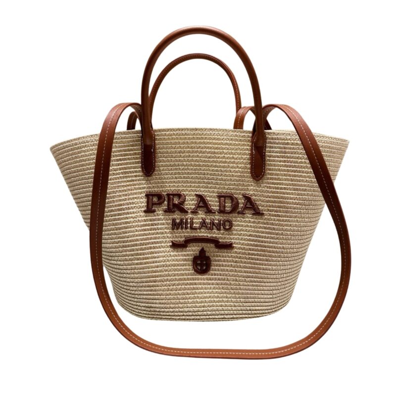 PRADA LARGE RAFFIA AND LEATHER SHOPPING BAG 25CM 1BG470 2CXQ F0A5T V GOO