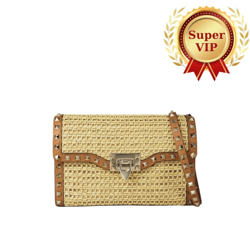 [Super Vip 1:1] Valentino Garavani Rockstud Small Raffia Shoulder Bag Natural 22cm 8W2B0R43UEN 43S