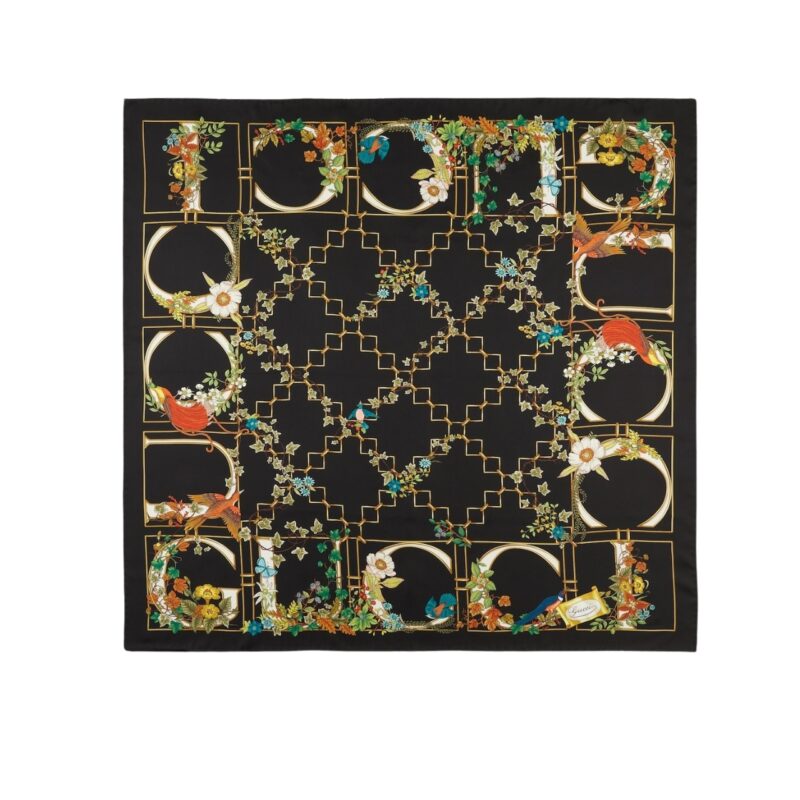 GUCCI PRINT SILK TWILL CARRÉ ANIMAL AND FLORAL BLACK 90CM 777353 3G001 1000