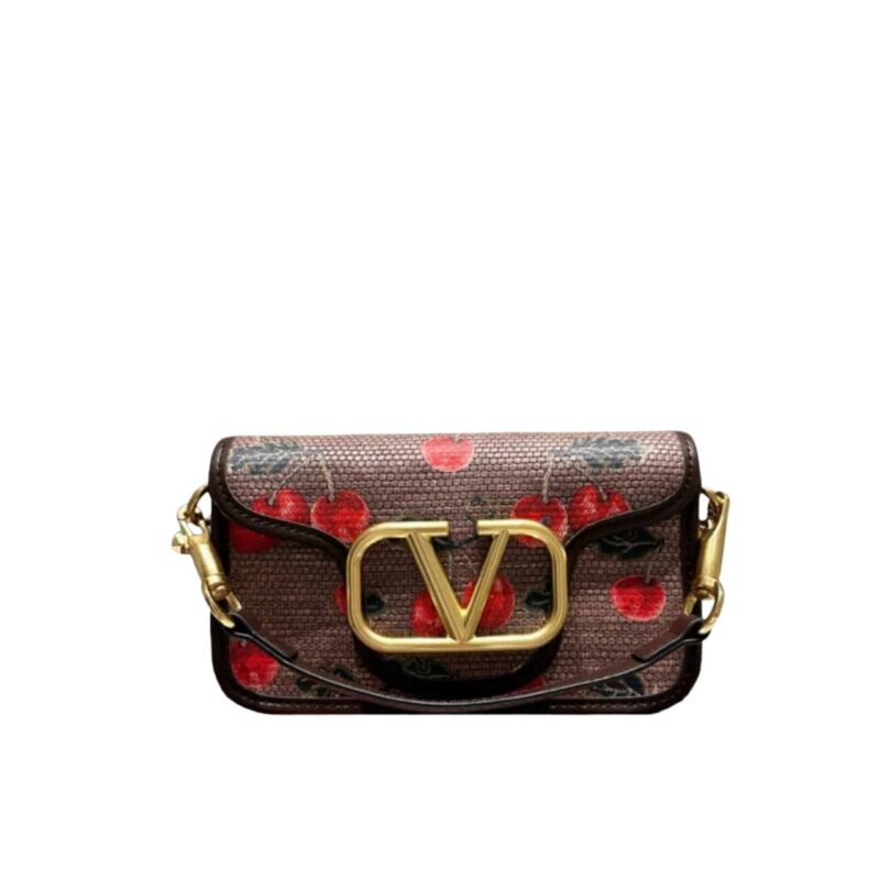 VALENTINO GARAVANI LOCÒ CHERRYFIC MOTIF SMALL SHOULDER BAG BROWN 20CM