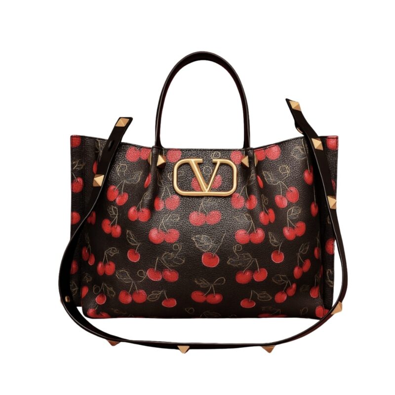 VALENTINO GARAVANI VLOGO SIGNATURE CHERRYFIC MOTIF BAG BLACK 26CM