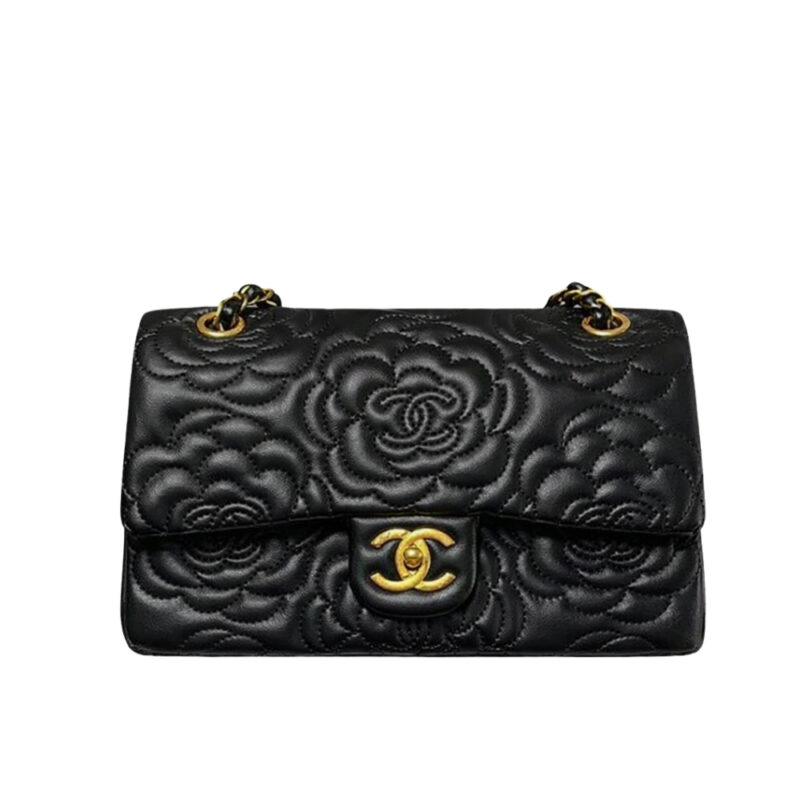 Chanel Flap Bag With Camellia Flower Chain Black 26Cm