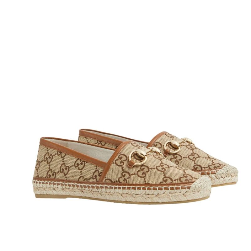 GUCCI WOMEN ESPADRILLE WITH HORSEBIT BEIGE AND DARK BROWN GG CANVAS 817244 9SF40 2547