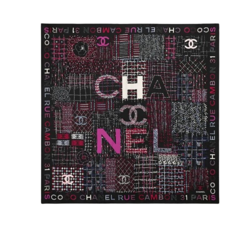 CHANEL SQUARE SCARF SILK TWILL MULTICOLOR IN BLACK 90CM AA8619 B09320 NK638