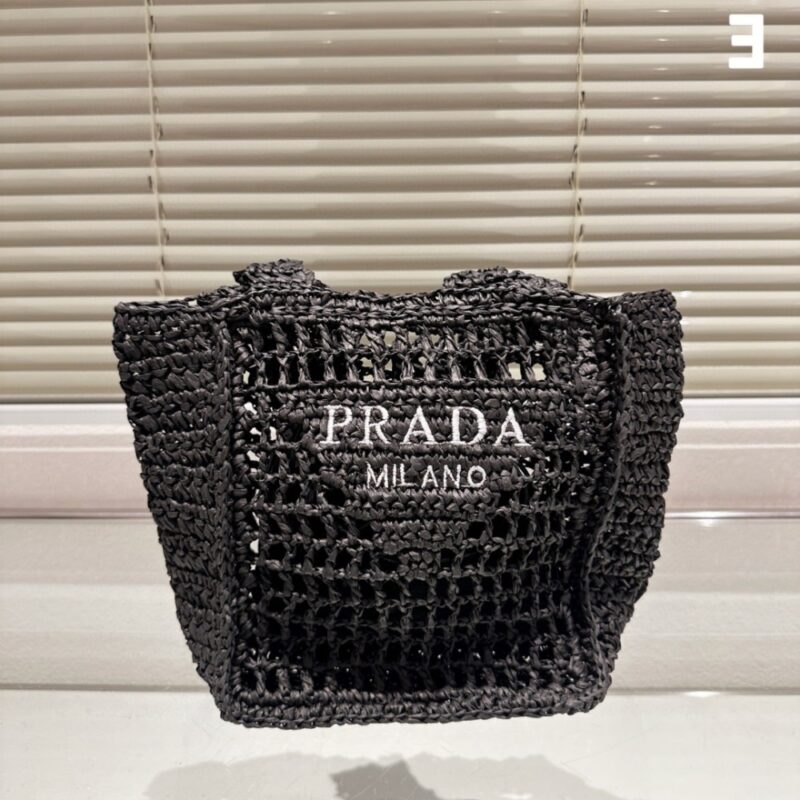 Alternative view of SUMMER SET: PRADA NATURAL RAFFIA LOGO TOTE BLACK 18CM & RAFFIA CRISSCROSS SLIDES BLACK