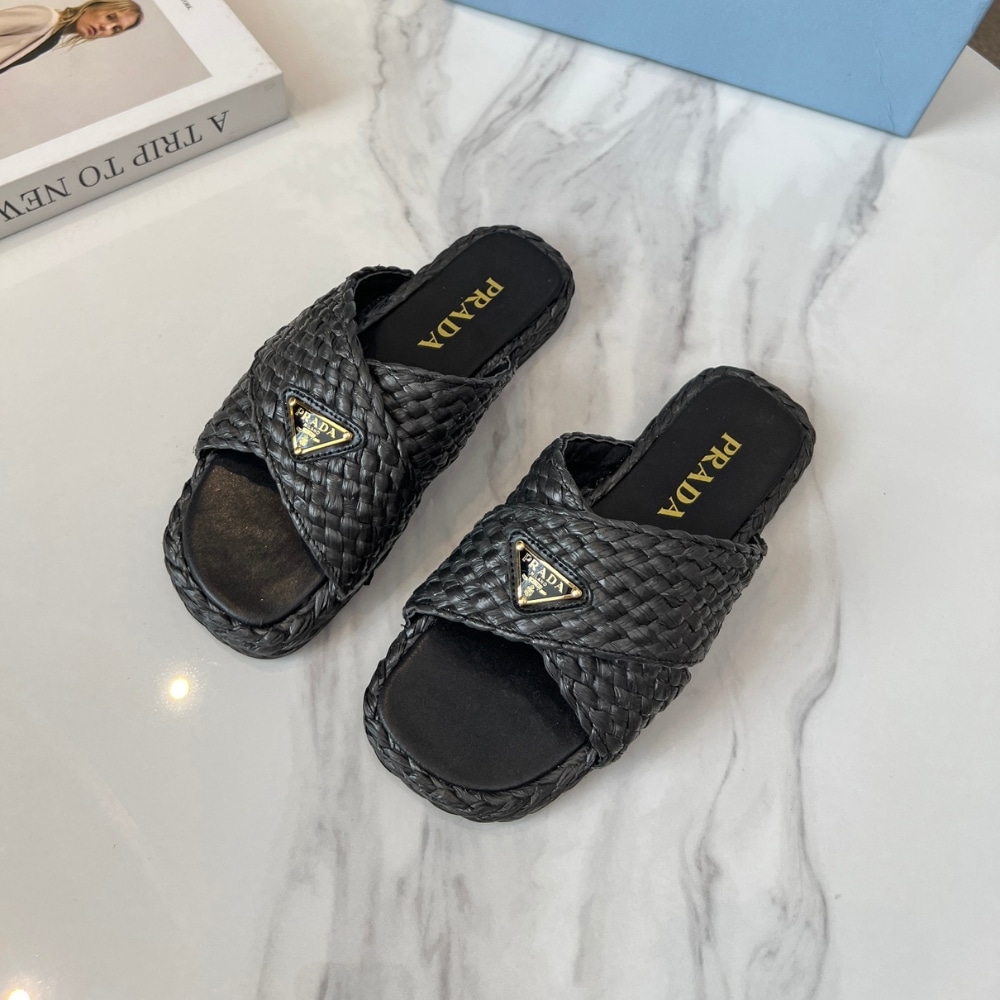 PRADA RAFFIA CRISSCROSS SLIDES BLACK 1XX750 027 F0002 F 020 - Image 2