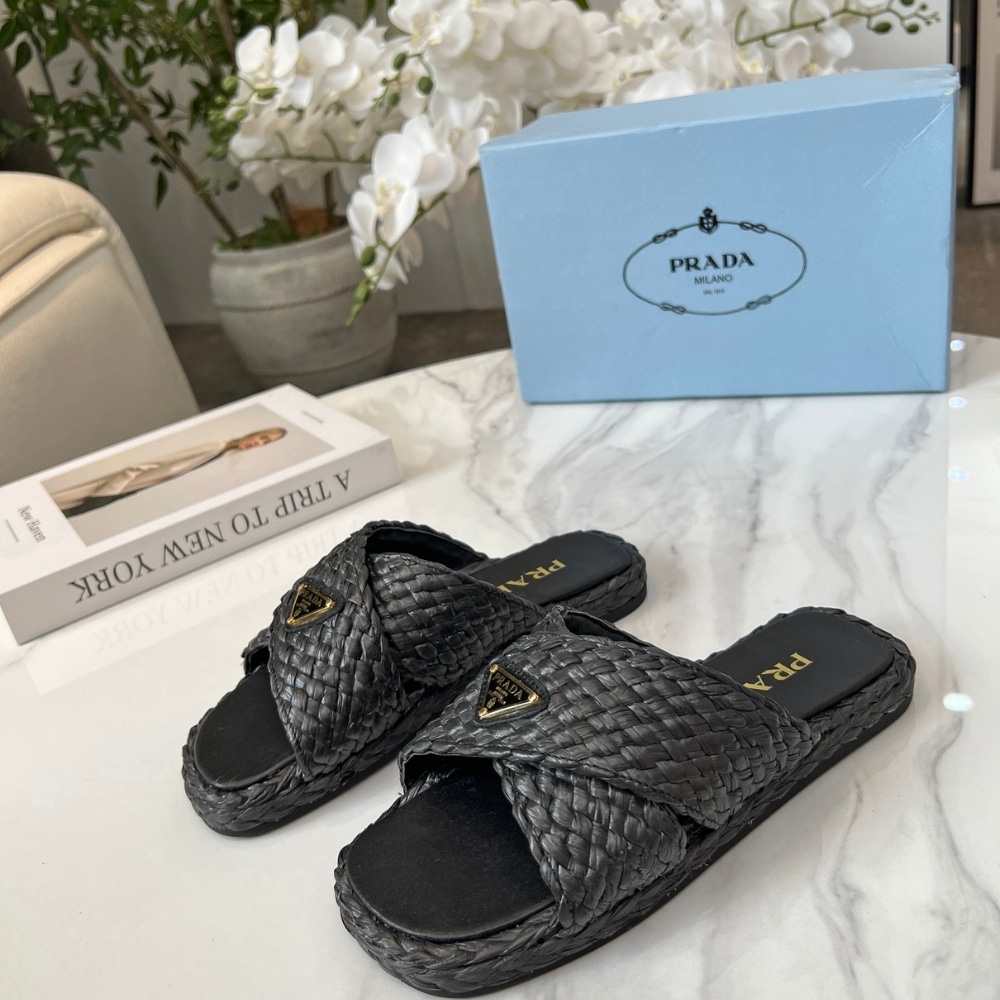 PRADA RAFFIA CRISSCROSS SLIDES BLACK 1XX750 027 F0002 F 020 - Image 3