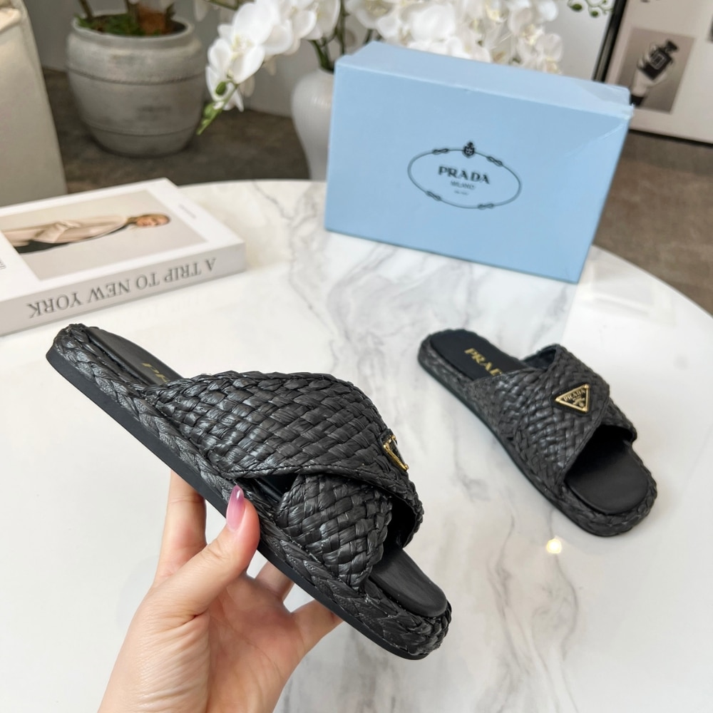PRADA RAFFIA CRISSCROSS SLIDES BLACK 1XX750 027 F0002 F 020 - Image 4