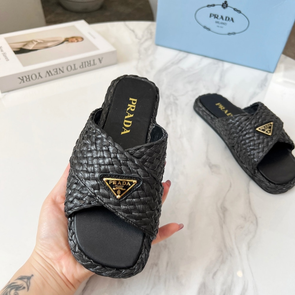 PRADA RAFFIA CRISSCROSS SLIDES BLACK 1XX750 027 F0002 F 020 - Image 5