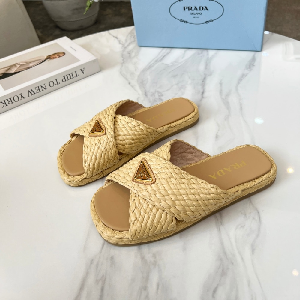 SUMMER SET: PRADA RAFFIA GRASS SMALL CROCHET TOTE BAG NATURAL 22CM & RAFFIA CRISSCROSS SLIDES NATURAL - Image 9