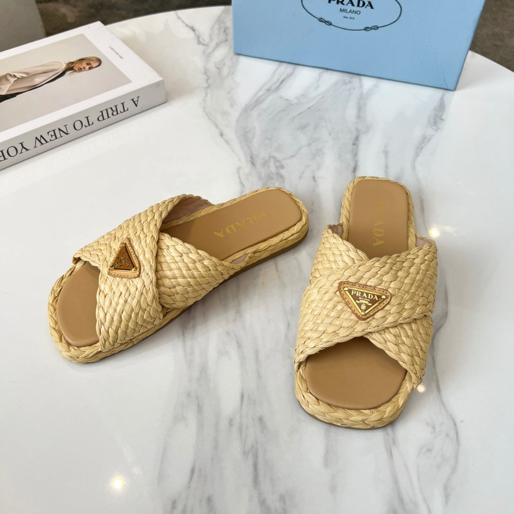 SUMMER SET: PRADA RAFFIA GRASS SMALL CROCHET TOTE BAG NATURAL 22CM & RAFFIA CRISSCROSS SLIDES NATURAL - Image 8