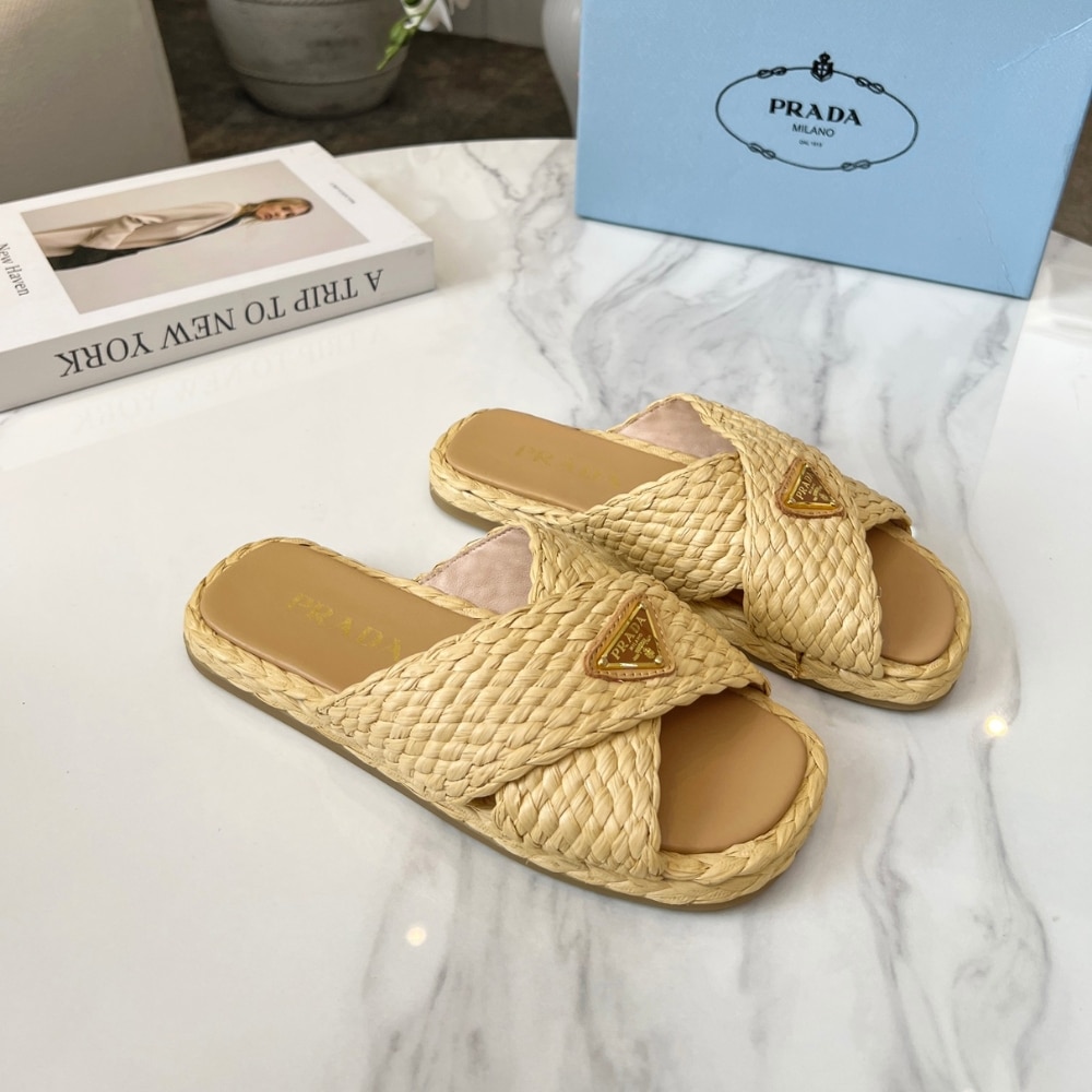 SUMMER SET: PRADA RAFFIA GRASS SMALL CROCHET TOTE BAG NATURAL 22CM & RAFFIA CRISSCROSS SLIDES NATURAL - Image 7