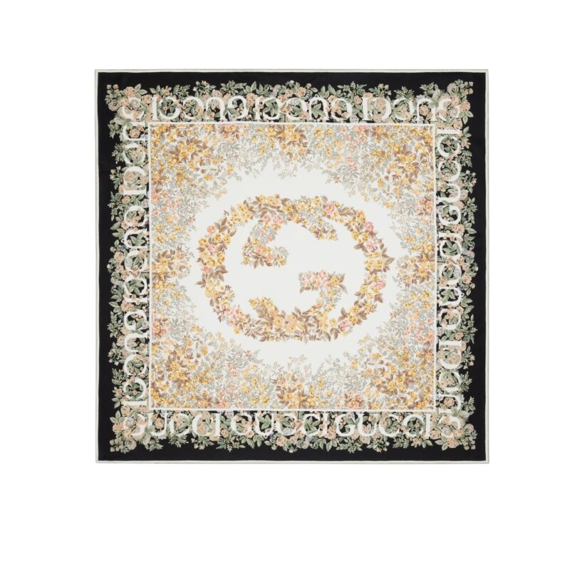GUCCI INTERLOCKING G FLORAL PRINT SILK CARRÉ BLACK AND BEIGE 783157 3G001 1079