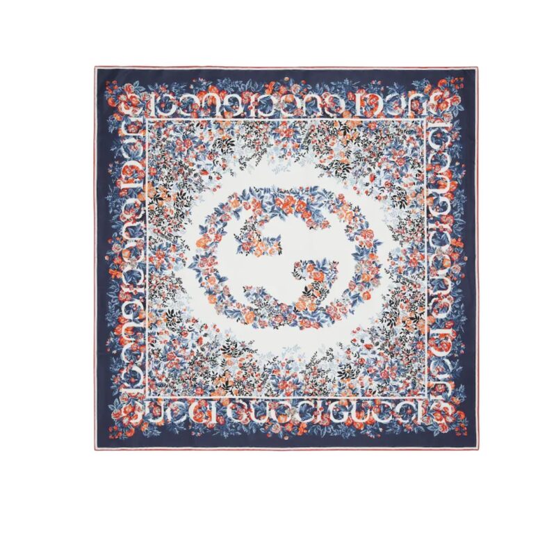 GUCCI INTERLOCKING G FLORAL PRINT SILK CARRÉ NAVY AND RED 783157 3G001 4174