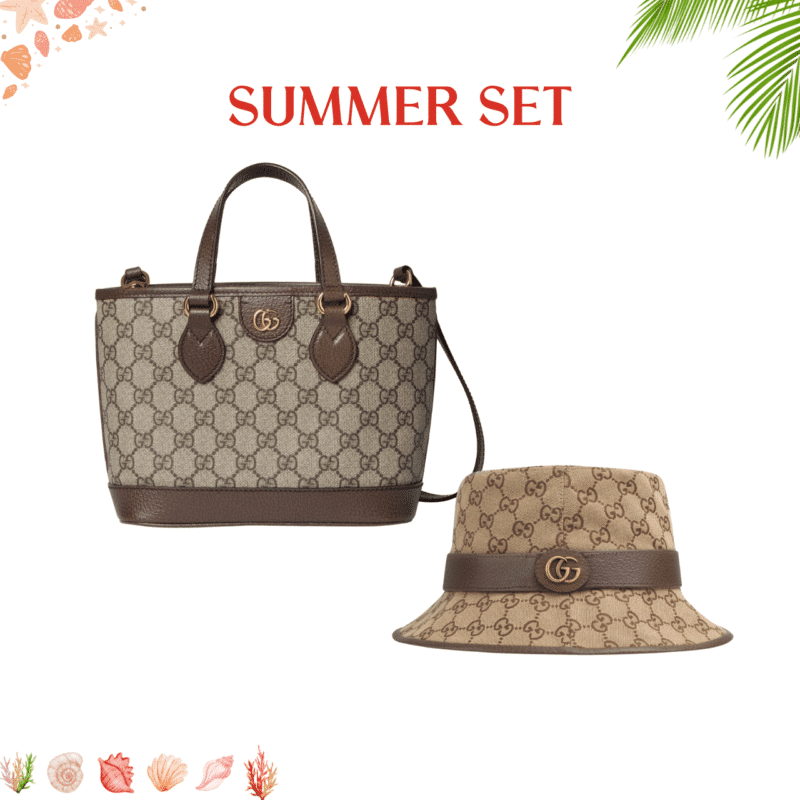 SUMMER SET: GUCCI OPHIDIA MINI TOTE BAG BEIGE AND EBONY 22CM & CANVAS BUCKET HAT WITH DOUBLE G BROWN