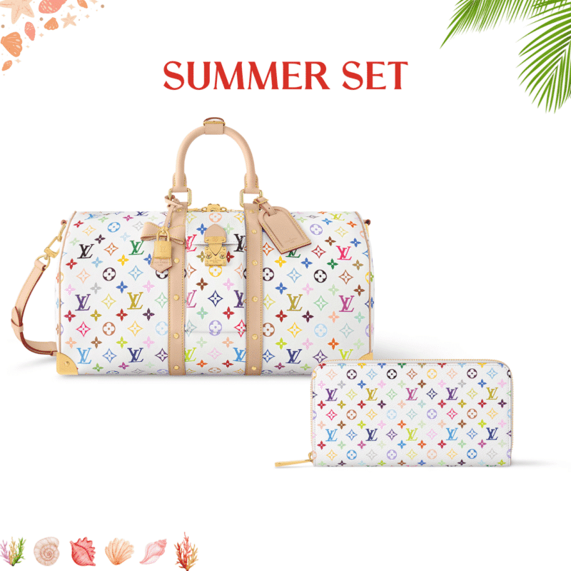 SUMMER SET: LOUIS VUITTON X MURAKAMI KEEPALL BANDOULIÈRE 45 BAG MULTICOLORE BLANC 45CM & ZIPPY WALLET WHITE MULTICOLORED