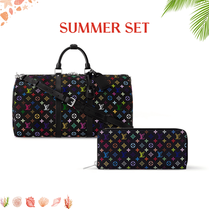 SUMMER SET: LOUIS VUITTON X MURAKAMI KEEPALL BANDOULIÈRE BLACK MULTICOLORED 45CM & ZIPPY WALLET BLACK MULTICOLORED 19CM
