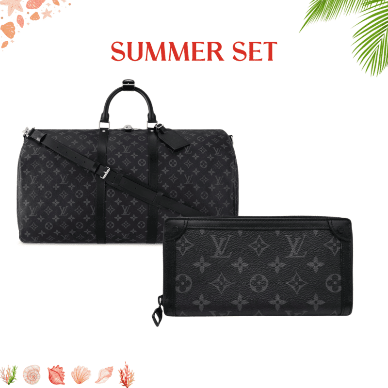 SUMMER SET: LOUIS VUITTON KEEPALL BANDOULIÈRE 50 MONOGRAM ECLIPSE & LONG WALLET MONOGRAM ECLIPSE TRUNK ZIPPY BLACK 19CM