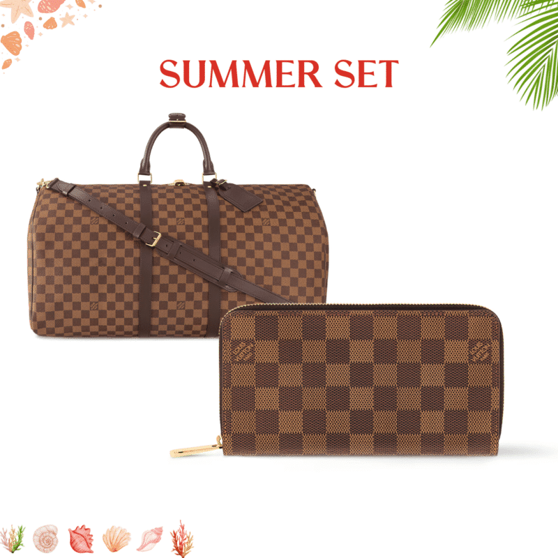 SUMMER SET: LOUIS VUITTON KEEPALL BANDOULIÈRE 55 DAMIER EBENE & ZIPPY WALLET DAMIER EBENE