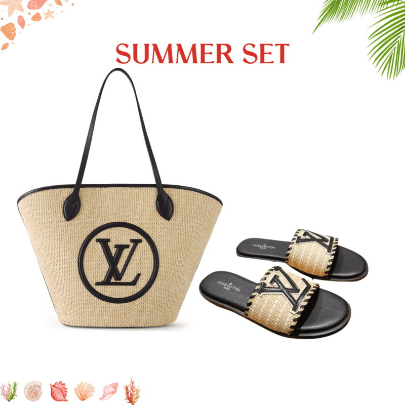 SUMMER SET: LOUIS VUITTON SAINT JACQUES BLACK 45CM & LOCK IT FLAT RAFFIA MULES BLACK