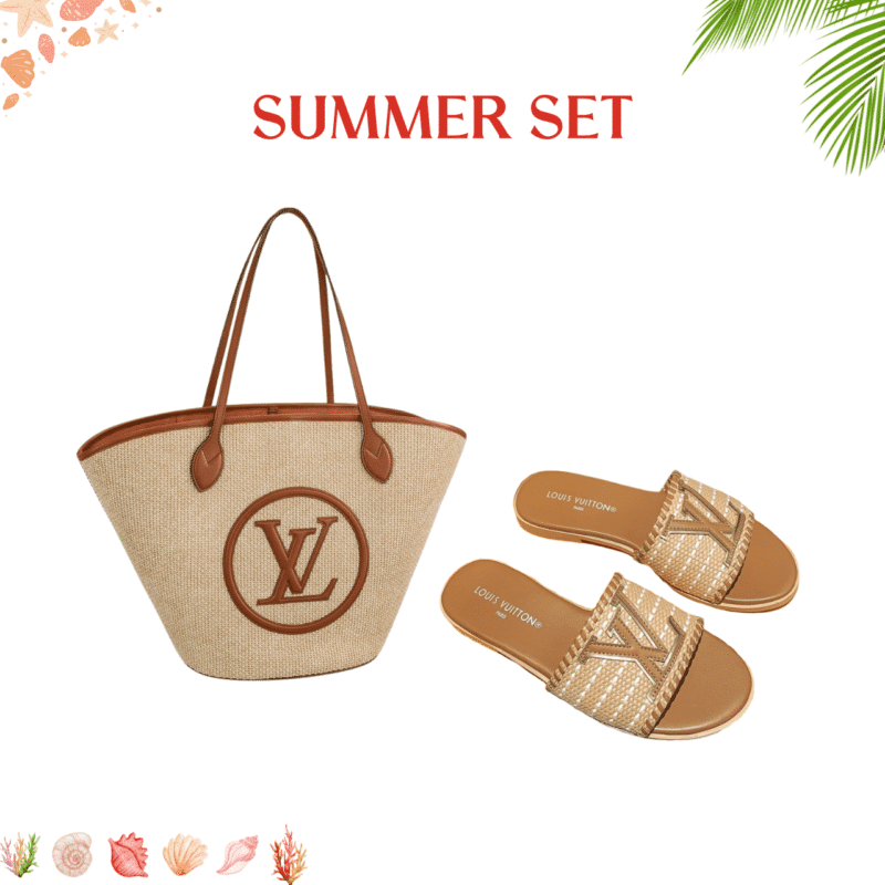 SUMMER SET: LOUIS VUITTON SAINT JACQUES BROWN 45CM & LOCK IT FLAT RAFFIA MULES BROWN