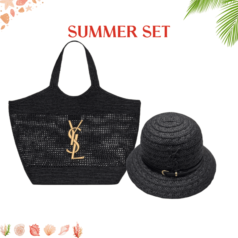 SUMMER SET: SAINT LAURENT ICARE IN RAFFIA BLACK 45CM & YSL RAFFIA BUCKET HAT BLACK