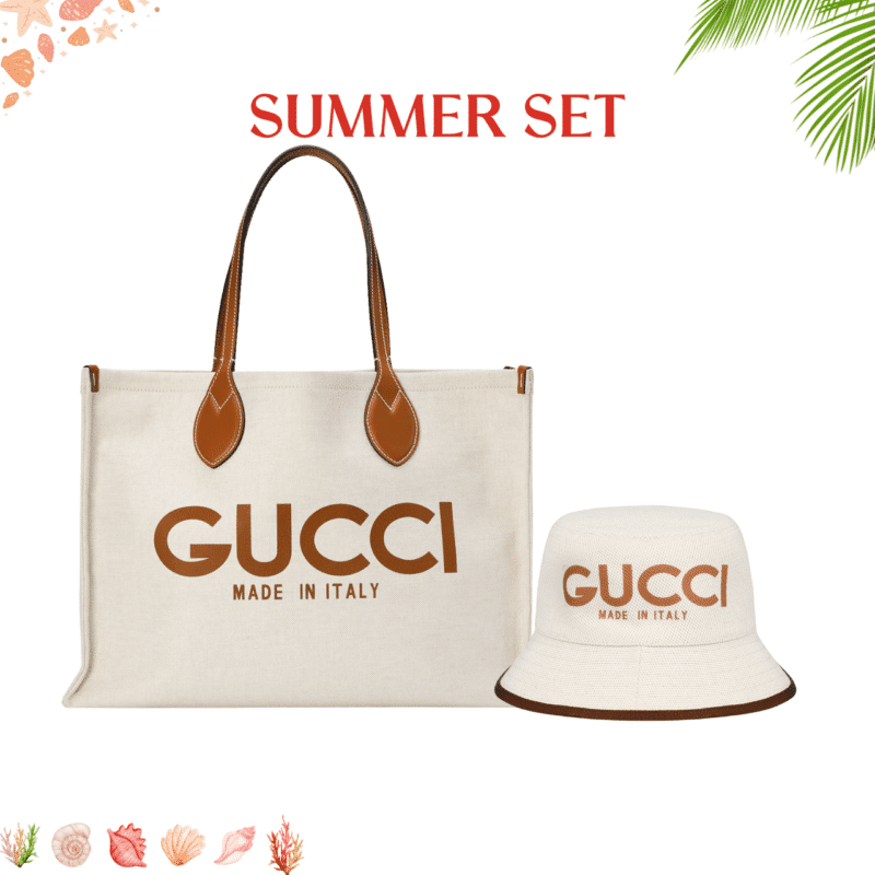 SUMMER SET: GUCCI MEDIUM TOTE BAG WITH GUCCI PRINT BEIGE 28CM & ARNAUD BOB REVERSIBLE BUCKET HAT BEIGE