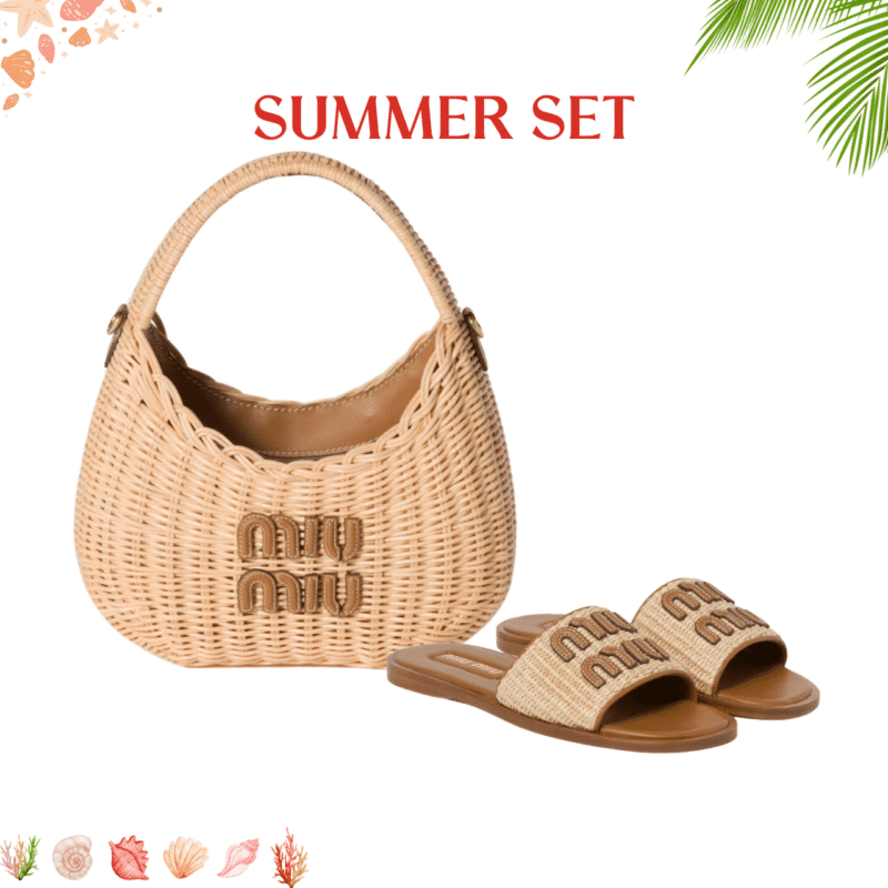 SUMMER SET: MIUMIU WANDER WICKER HOBO BAG TAN AND CARAMEL 13CM & MIUMIU RAFFIA EFFECT WOVEN FABRIC SLIDES NATURAL