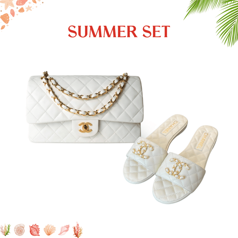 SUMMER SET: CHANEL CLASSIC MEDIUM HANDBAG WHITE 25CM A01112 & 23P QUILTED CC CHAIN MULE SANDAL WHITE