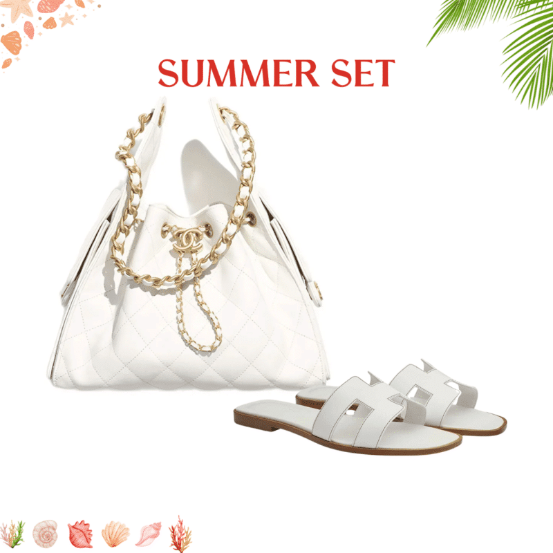 SUMMER SET: CHANEL 25 SMALL HANDBAG GRAINED AND GOLD TONE METAL WHITE 34CM & HERMES ORAN SANDAL BLANC