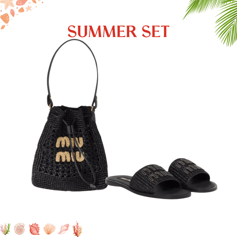 SUMMER SET: MIUMIU WOVEN FABRIC MINI BAG BLACK 22CM & RAFFIA EFFECT WOVEN FABRIC SLIDES BLACK