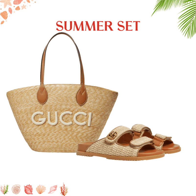 SUMMER SET: GUCCI MEDIUM STRAW TOTE WITH PATCH NATURAL 27CM & SANDAL WITH DOUBLE G NATURAL RAFFIA BROWN