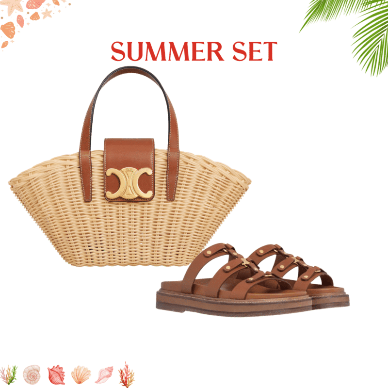 SUMMER SET: CELINE TEEN COUFFIN IN WICKER AND LEATHER TAN 15CM & CELINE SLIDES TIPPI IN VEGETAL BROWN 352343766C 04LU