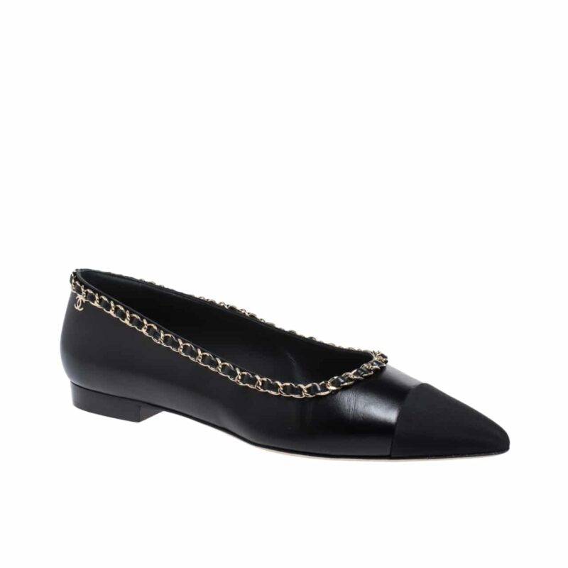 CHANEL LEATHER AND FABRIC CC CHAIN LINK BALLET FLATS BLACK
