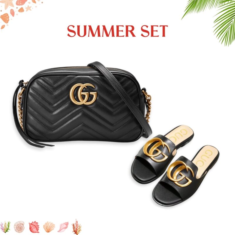 SUMMER SET: GUCCI MARMONT SMALL MATELASSE SHOULDER BAG BLACK & PRINCETOWN GG SLIPPERS LEATHER BLACK