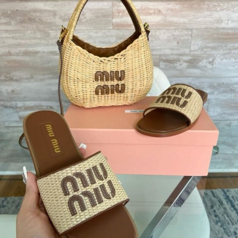 Alternative view of SUMMER SET: MIUMIU WANDER WICKER HOBO BAG TAN AND CARAMEL 13CM & MIUMIU RAFFIA EFFECT WOVEN FABRIC SLIDES NATURAL
