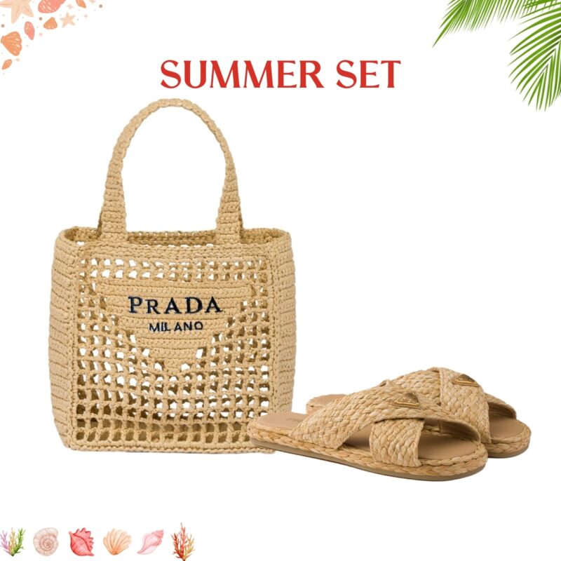 SUMMER SET: PRADA RAFFIA GRASS SMALL CROCHET TOTE BAG NATURAL 22CM & RAFFIA CRISSCROSS SLIDES NATURAL