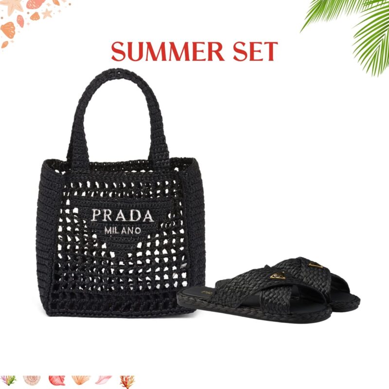 SUMMER SET: PRADA NATURAL RAFFIA LOGO TOTE BLACK 18CM & RAFFIA CRISSCROSS SLIDES BLACK