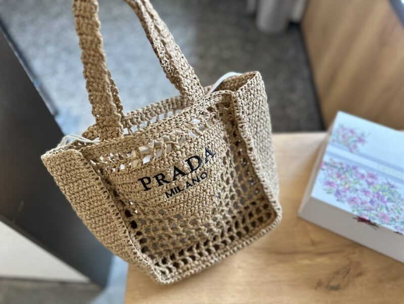 Alternative view of SUMMER SET: PRADA RAFFIA GRASS SMALL CROCHET TOTE BAG NATURAL 22CM & RAFFIA CRISSCROSS SLIDES NATURAL