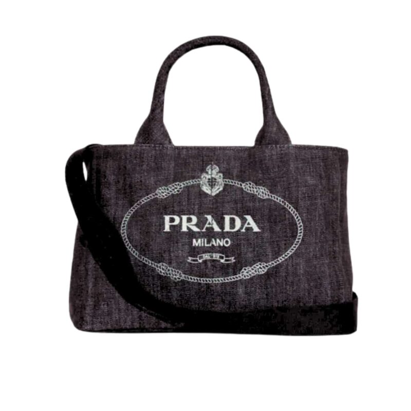PRADA LOGO PRINTED DENIM TOTE BAG BLACK 26CM