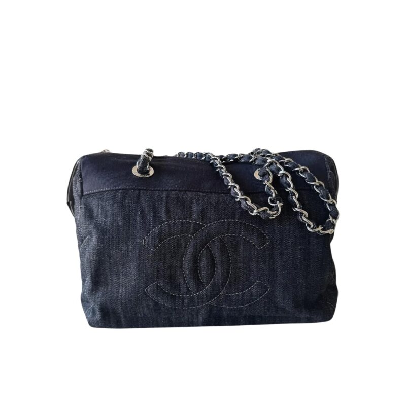 CHANEL BOWLING HANDBAG BLUE DENIM JEANS 32CM