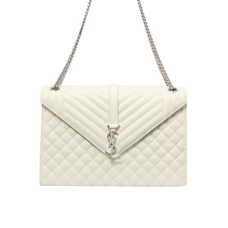 SAINT LAURENT GRAIN DE POUDRE MATELASSE CHEVRON LARGE TRIQUILT MONOGRAM SATCHEL WHITE 30CM ARS4381340717