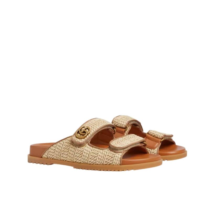 GUCCI WOMEN SANDAL WITH DOUBLE G NATURAL RAFFIA BROWN 780061 FAC55 9559