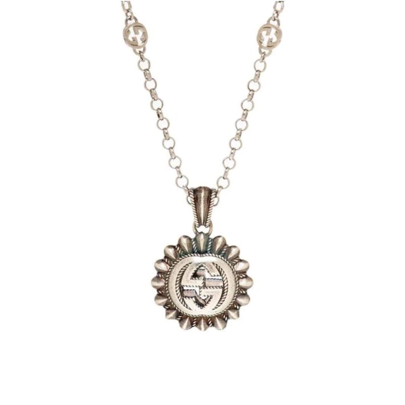 GUCCI INTERLOCKING G LOGO EMBELLISHED PENDANT STATION NECKLACE GOLD TONE