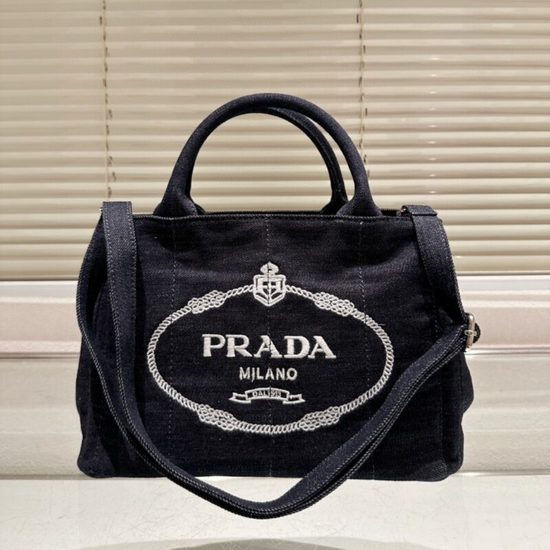 Alternative view of PRADA LOGO PRINTED DENIM TOTE BAG BLACK 26CM
