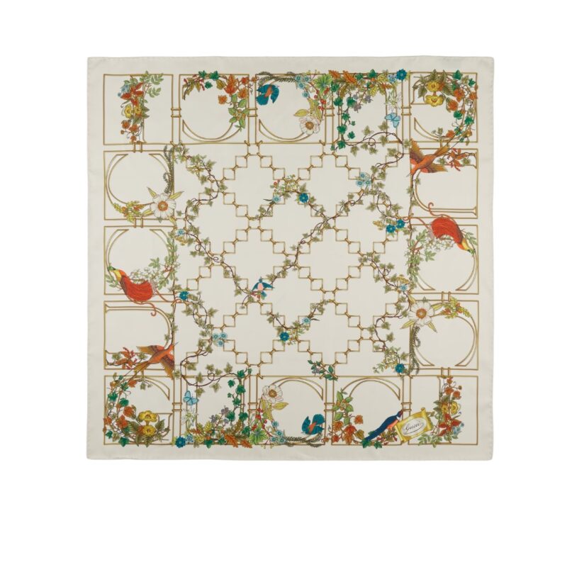 GUCCI PRINT SILK TWILL CARRÉ ANIMAL AND FLORAL IVORY 90CM 777353 3G001 9200