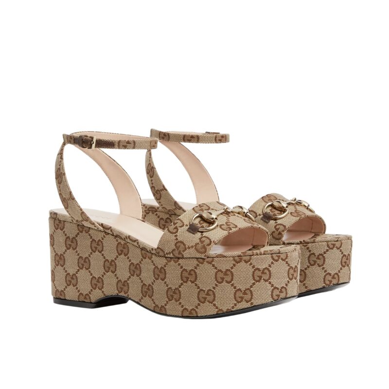 GUCCI WOMEN HORSEBIT FLATFORM SANDAL BEIGE AND EBONY 794718 2HK80 9741